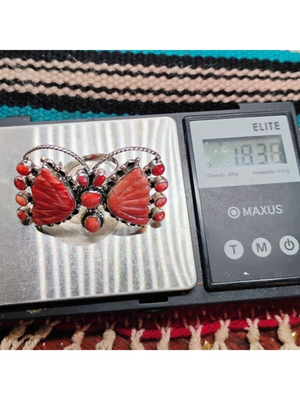Native Signed CK Sterling Silver Orange Spiny Oyster Butterfly Ring Adjustable - Picture 9 of 10